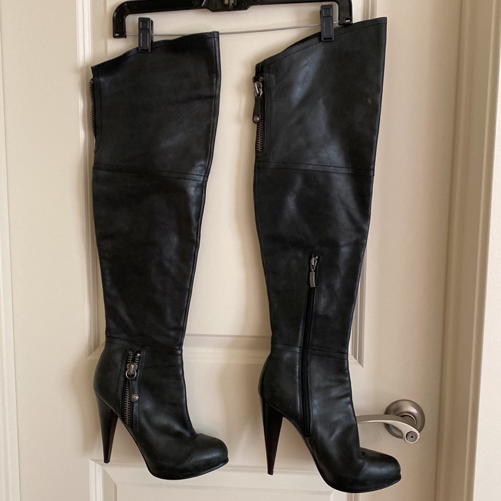 Black leather knee high boots